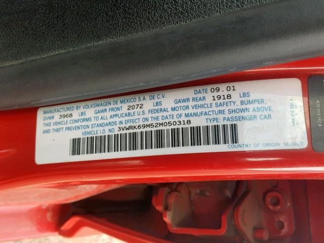 3VWRK69M52M050318 - 2002 VOLKSWAGEN JETTA GL RED photo 10