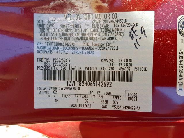 1ZVHT82H065142692 - 2006 FORD MUSTANG GT MAROON photo 10