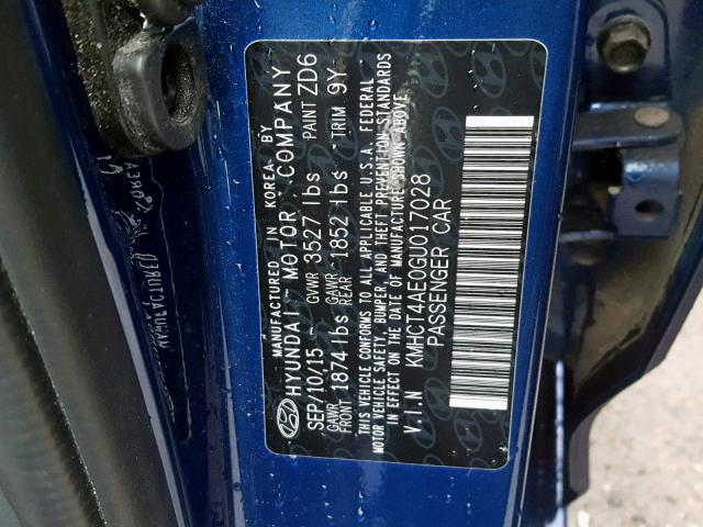 KMHCT4AE0GU017028 - 2016 HYUNDAI ACCENT SE BLUE photo 10