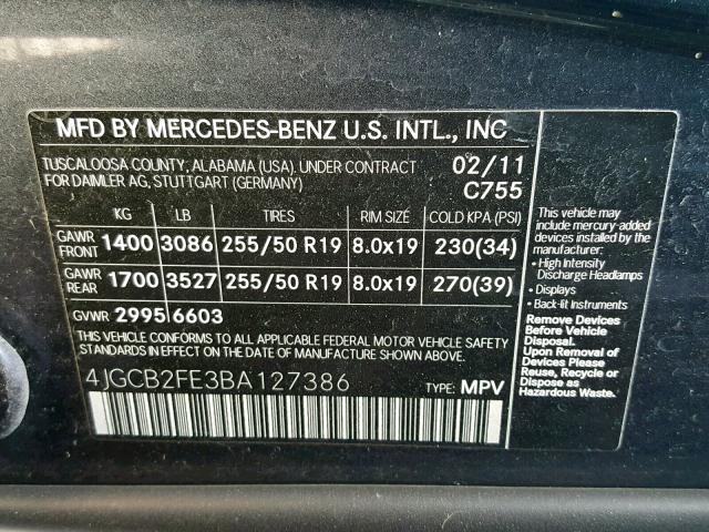 4JGCB2FE3BA127386 - 2011 MERCEDES-BENZ R 350 BLUE GRAY photo 10