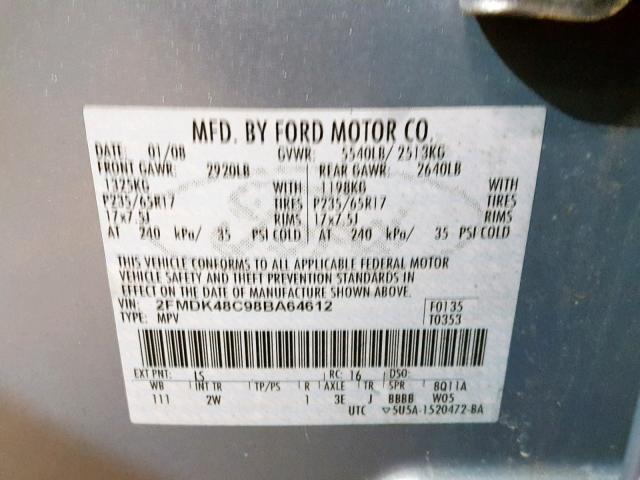 2FMDK48C98BA64612 - 2008 FORD EDGE SEL BLUE photo 10