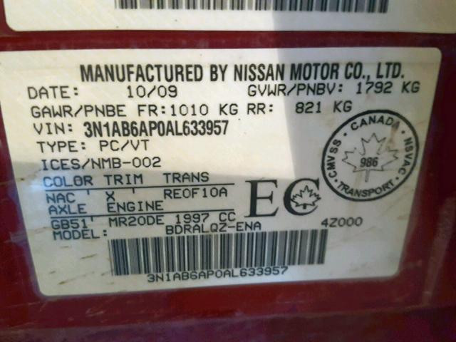 3N1AB6AP0AL633957 - 2010 NISSAN SENTRA 2.0 RED photo 10