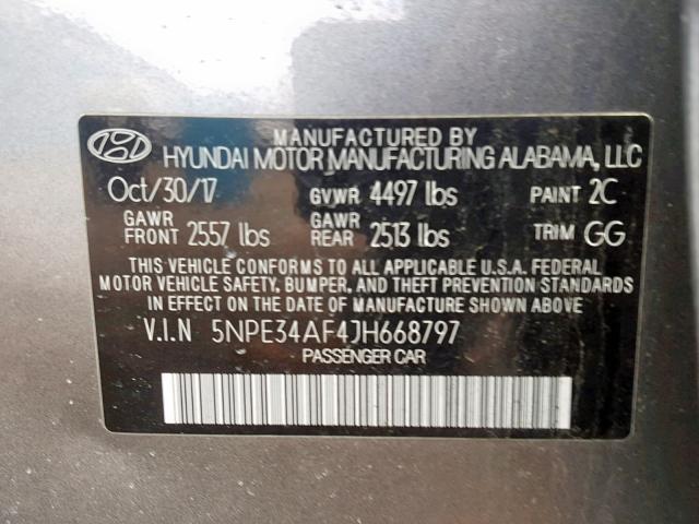 5NPE34AF4JH668797 - 2018 HYUNDAI SONATA SPO GRAY photo 10