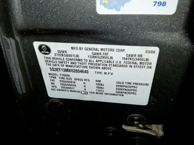 5S3ET13MX62804640 - 2006 SAAB 9-7X ARC GRAY photo 10