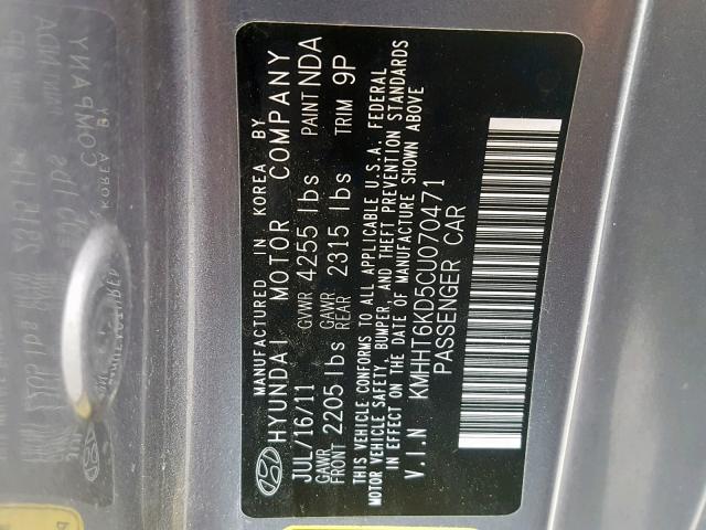 KMHHT6KD5CU070471 - 2012 HYUNDAI GENESIS CO GRAY photo 10