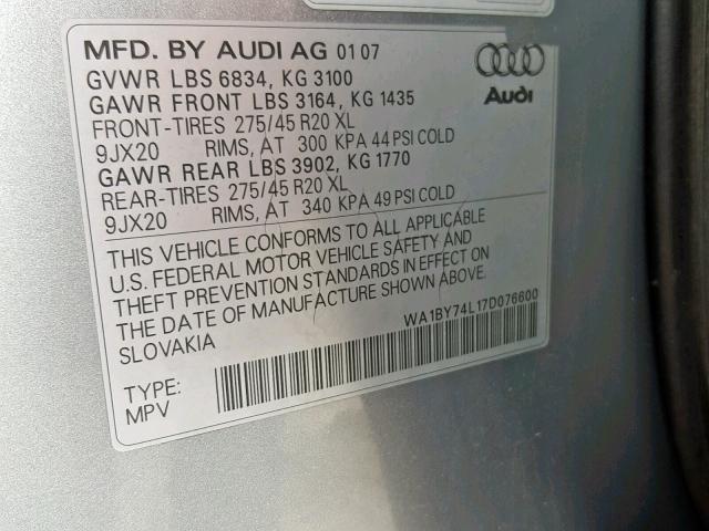 WA1BY74L17D076600 - 2007 AUDI Q7 3.6 QUA SILVER photo 10