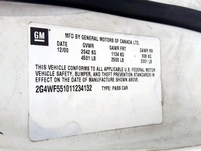 2G4WF551011234132 - 2001 BUICK REGAL GS WHITE photo 10