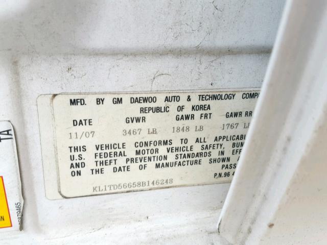 KL1TD56658B146248 - 2008 CHEVROLET AVEO BASE WHITE photo 10