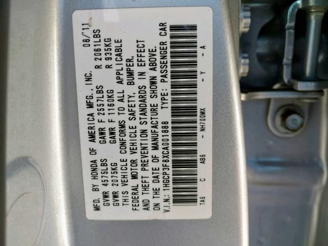 1HGCP3F8XCA001888 - 2012 HONDA ACCORD EXL SILVER photo 10