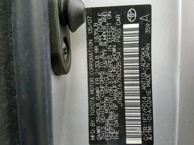 JTKDE167X80225754 - 2008 TOYOTA SCION TC ვერცხლისფერი ფოტო 10