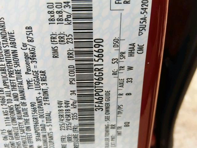 3FA6P0T96GR156690 - 2016 FORD FUSION SE 勃艮第红 照片 10