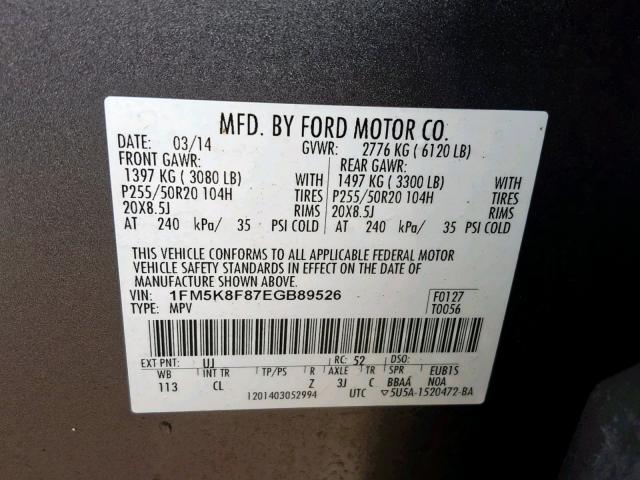 1FM5K8F87EGB89526 - 2014 FORD EXPLORER L GRAY photo 10