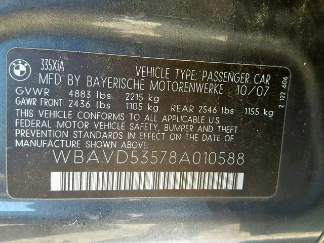 WBAVD53578A010588 - 2008 BMW 335 XI GRAY photo 10