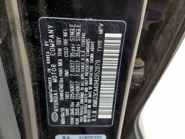 KM8J3CA40HU352879 - 2017 HYUNDAI TUCSON LIM BLACK photo 10