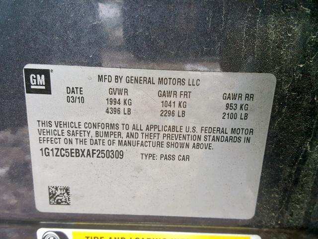 1G1ZC5EBXAF250309 - 2010 CHEVROLET MALIBU 1LT 灰色 照片 10