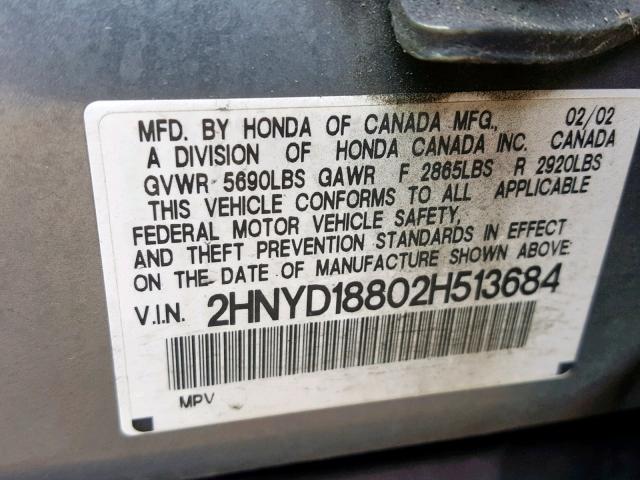 2HNYD18802H513684 - 2002 ACURA MDX TOURIN GRAY photo 10