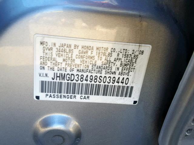 JHMGD38498S039440 - 2008 HONDA FIT SILVER photo 10