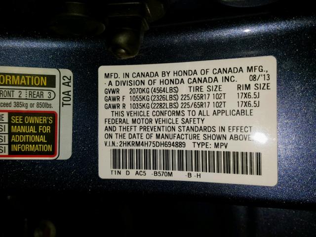 2HKRM4H75DH694889 - 2013 HONDA CR-V EXL BLUE photo 10