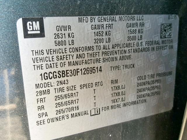 1GCGSBE30F1269514 - 2015 CHEVROLET COLORADO L GRAY photo 10