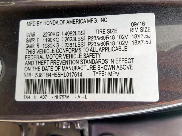 5J8TB4H55HL017614 - 2017 ACURA RDX TECHNO GRAY photo 10