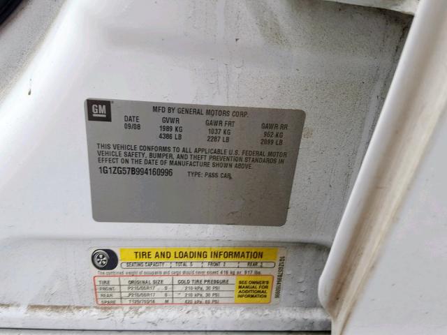 1G1ZG57B994160996 - 2009 CHEVROLET MALIBU LS WHITE photo 10