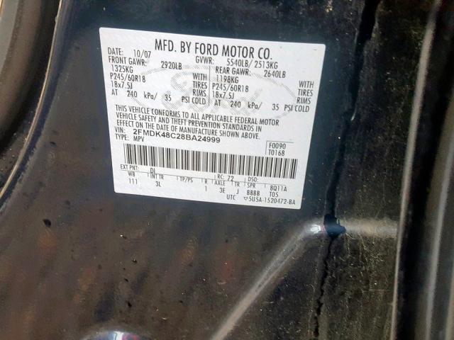 2FMDK48C28BA24999 - 2008 FORD EDGE SEL BLACK photo 10