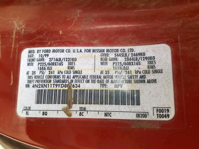 4N2XN11T9YD807634 - 2000 NISSAN QUEST SE MAROON photo 10