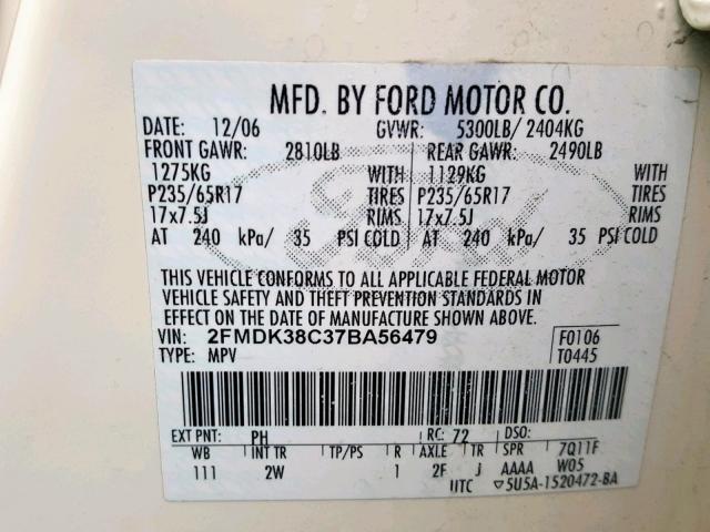 2FMDK38C37BA56479 - 2007 FORD EDGE SEL WHITE photo 10