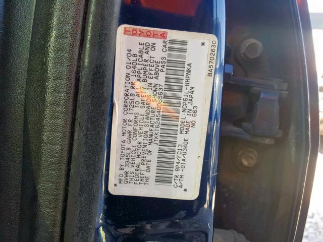 JTKKT624540065637 - 2004 TOYOTA SCION XA BLUE photo 10