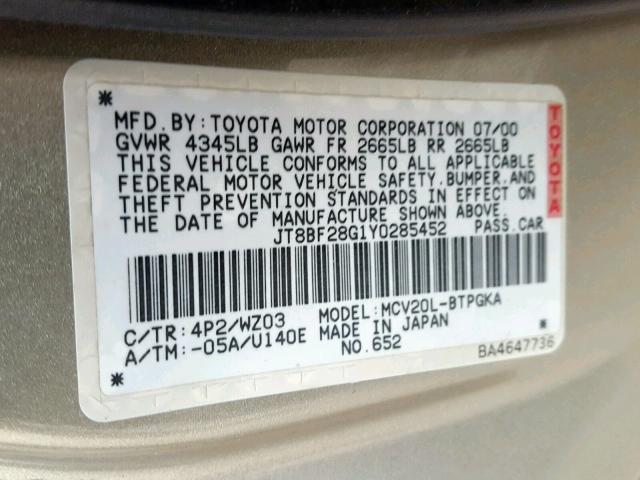 JT8BF28G1Y0285452 - 2000 LEXUS ES 300 GOLD photo 10