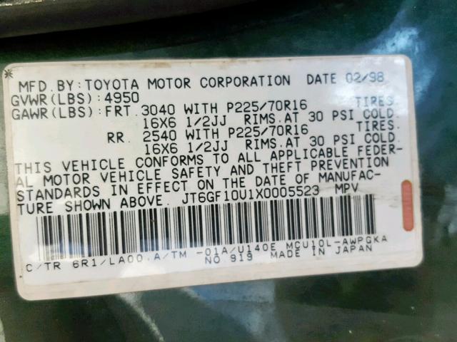 JT6GF10U1X0005523 - 1999 LEXUS RX 300 GREEN photo 10