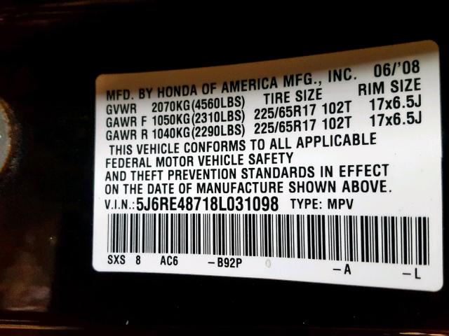 5J6RE48718L031098 - 2008 HONDA CR-V EXL BLACK photo 10