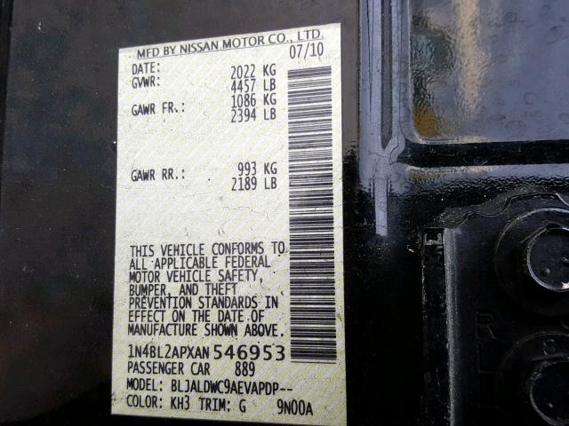 1N4BL2APXAN546953 - 2010 NISSAN ALTIMA SR BLACK photo 10