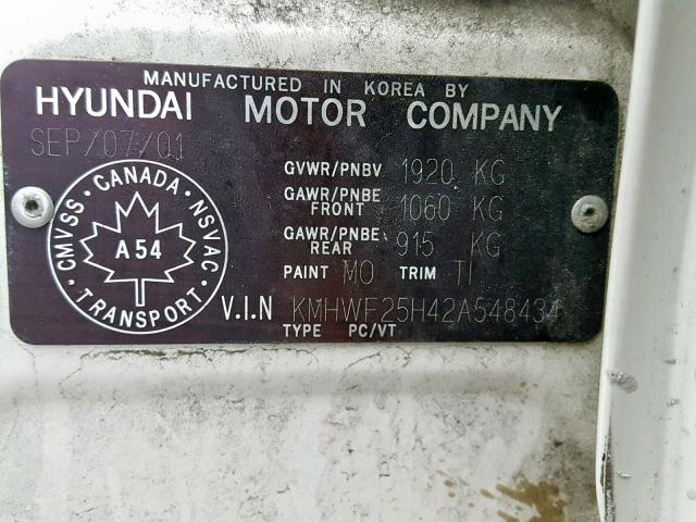 KMHWF25H42A548434 - 2002 HYUNDAI SONATA GL WHITE photo 10