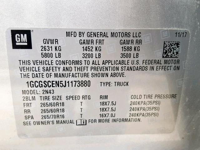 1GCGSCEN5J1173880 - 2018 CHEVROLET COLORADO L SILVER photo 10