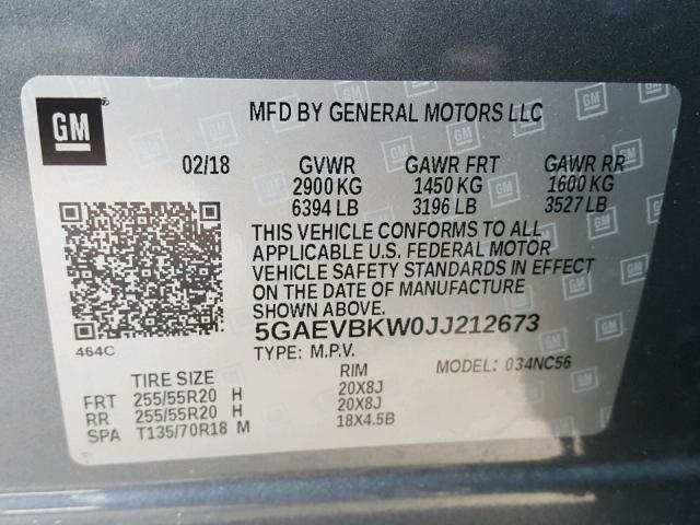 5GAEVBKW0JJ212673 - 2018 BUICK ENCLAVE PR GRAY photo 10