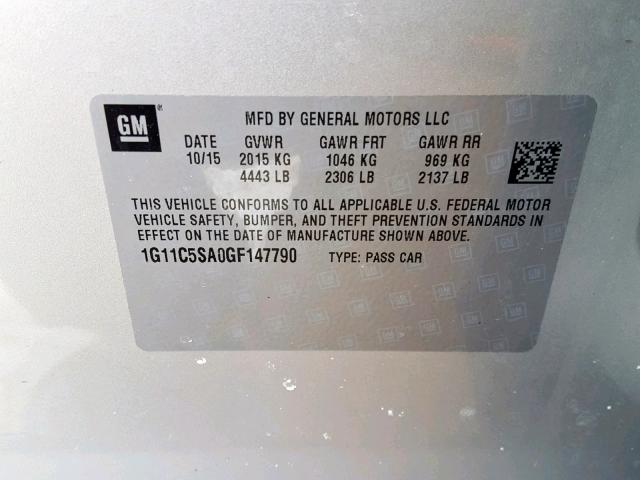 1G11C5SA0GF147790 - 2016 CHEVROLET MALIBU LIM 银色 照片 10