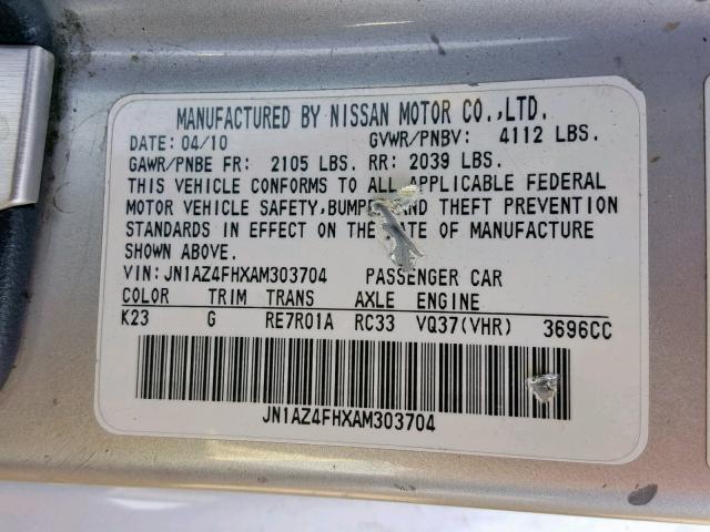 JN1AZ4FHXAM303704 - 2010 NISSAN 370Z SILVER photo 10