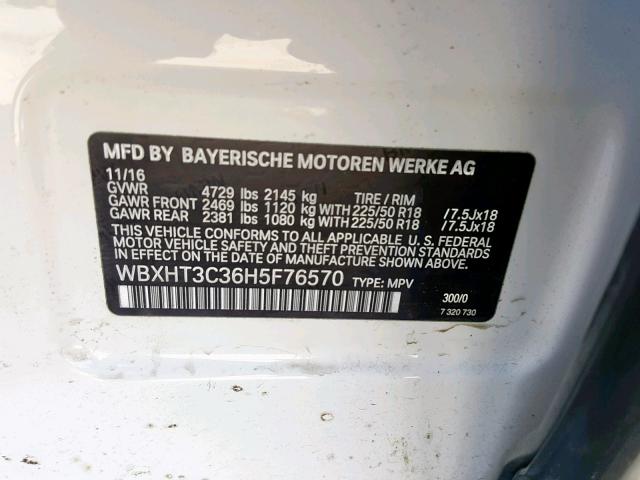WBXHT3C36H5F76570 - 2017 BMW X1 XDRIVE2 WHITE photo 10