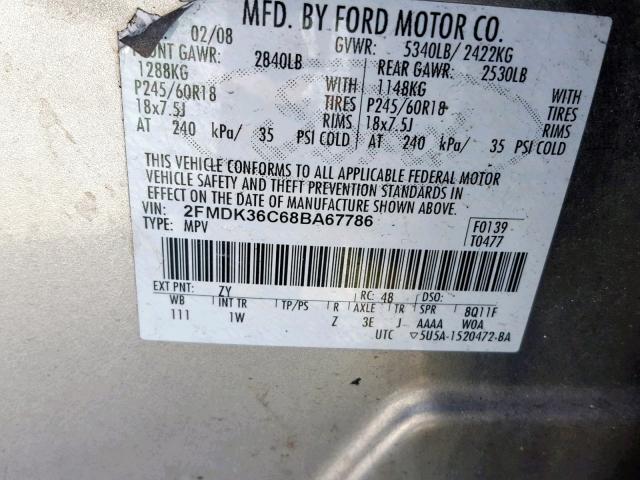 2FMDK36C68BA67786 - 2008 FORD EDGE SE SILVER photo 10