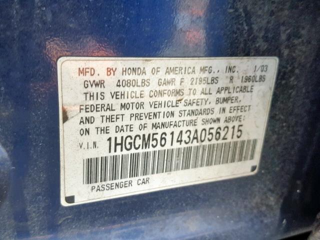 1HGCM56143A056215 - 2003 HONDA ACCORD DX BLUE photo 10