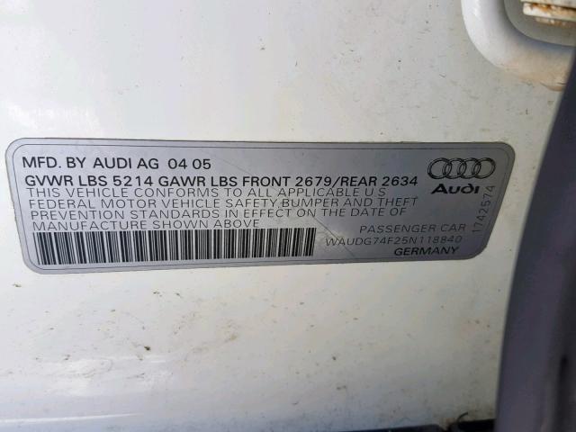 WAUDG74F25N118840 - 2005 AUDI A6 3.2 QUA WHITE photo 10