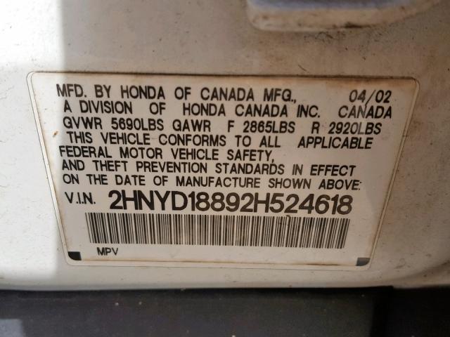 2HNYD18892H524618 - 2002 ACURA MDX TOURIN WHITE photo 10