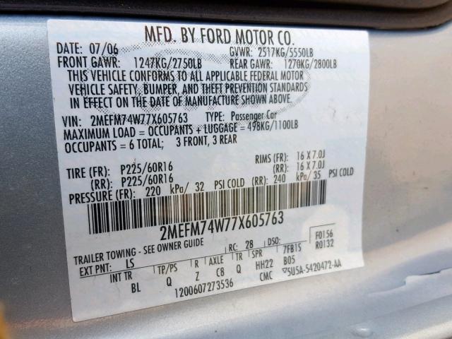 2MEFM74W77X605763 - 2007 MERCURY GRAND MARQ BLUE photo 10