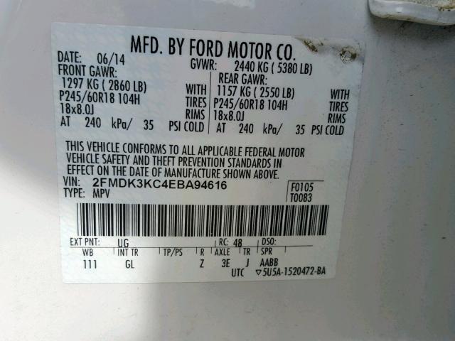 2FMDK3KC4EBA94616 - 2014 FORD EDGE LIMIT WHITE photo 10