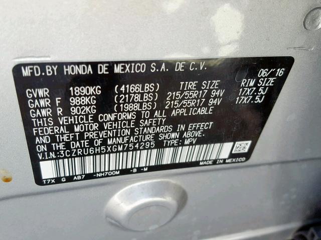 3CZRU6H5XGM754295 - 2016 HONDA HR-V EX SILVER photo 10