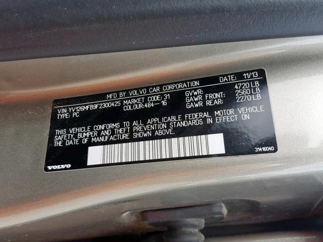 YV126MFB9F2300425 - 2015 VOLVO S60 PREMIE GRAY photo 10