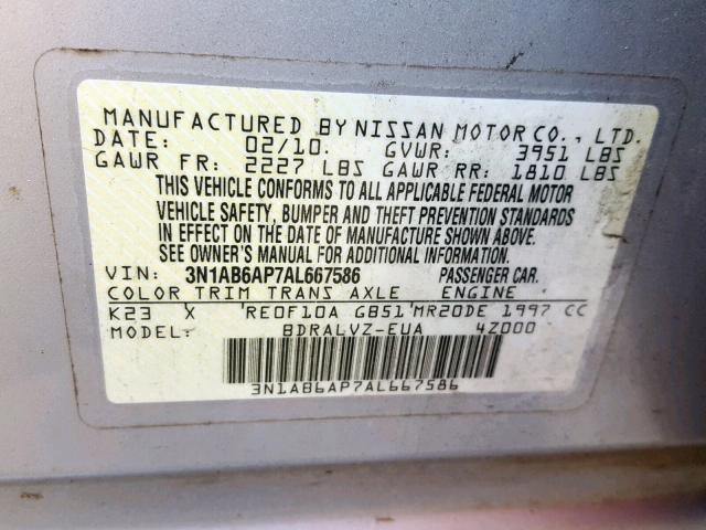 3N1AB6AP7AL667586 - 2010 NISSAN SENTRA 2.0 SILVER photo 10