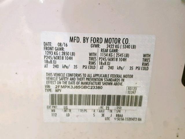 2FMPK3J85GBC23380 - 2016 FORD EDGE SEL WHITE photo 10