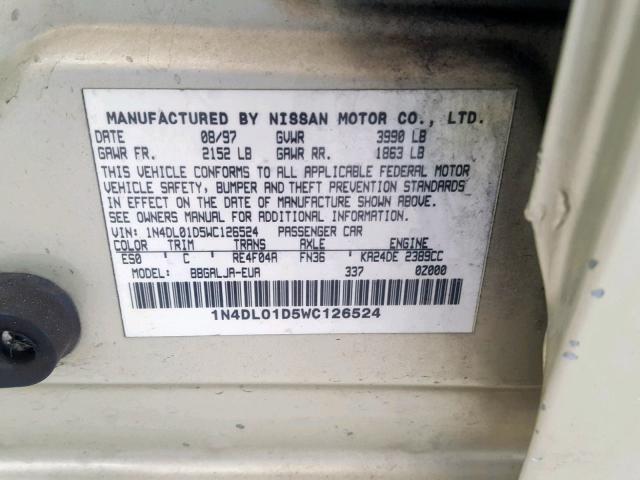 1N4DL01D5WC126524 - 1998 NISSAN ALTIMA XE CREAM photo 10